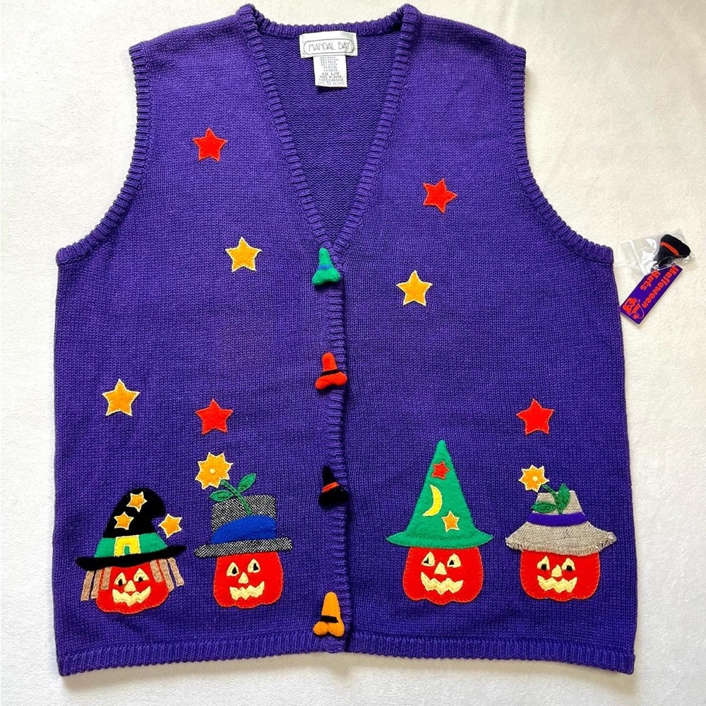 Vintage Halloween Purple Patch Sweater Vest Witch Pumpkins